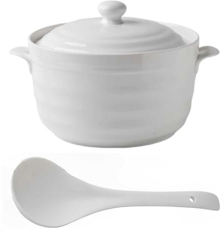 2.2L Ceramic Soup Tureen,for Restaurant Home Kitchen Decoration,with Lid and Ladle Set White Serving Bowls