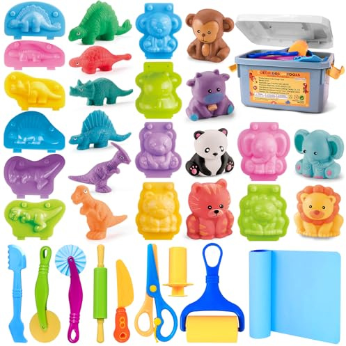 Knete Spielzeug Set für Kinder, 22 teiliges Ton und Knete Zubehör für Kleinkinder mit Aufbewahrungsbox, Silikonmatte, Nudelholz, Mini Messer, 3D-Dino & Tierformen, Geschenk für Jungen und Mädchen