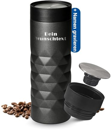 Thermobecher personalisiert 450 ml - auslaufsicherer Edelstahl to go Becher - hält mehrere Stunden heiß & kalt - Kaffeebecher to go mit Push-Deckel für Büro, Auto und Uni, Farbe:grau