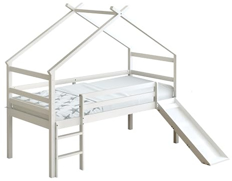 Sunny River Lit Cabane avec Toboggan, en Bois, Blanc | Lit pour Enfant Mi-Haut - Matelas Hybride 90x200 Inclus - Lit Montessori | Dimensions totales: 213 x 186 x 183 cm (Toboggan Compris)
