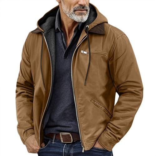 Genérico Chaqueta De Invierno Para Hombre Forro Polar Casual Abrigo De Borrego Termico Parka Con Capucha Y Cremallera Elegante Cazadora Softshell Caza Running Chamarras Camel XXL