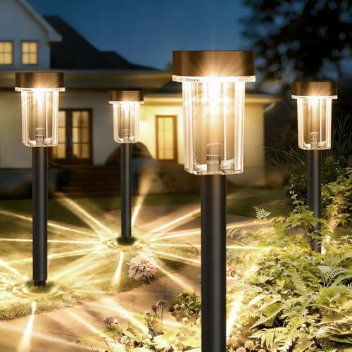 Auting Lámparas Solares para Exterior Jardín, 4 Unidades Luz LED Cálida, Lámparas Solares de Exterior IP65 Impermeables para Jardín, Césped, Patio, Caminos, Iluminación Entrada de Garaje