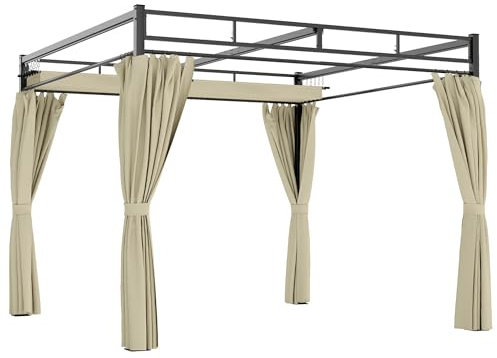 Outsunny Pergola da giardino 3x3 m con tetto retrattile e 4 tende, gazebo da giardino con protezione UV30+, impermeabile, struttura metallica, padiglione per patio, terrazza, esterni, beige