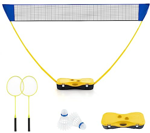 GYMAX Portable Badminton Net Set, Folding Badminton Net with 2 Rackets, 2 Shuttlecocks and Carry Case, Badminton Net Outdoor Game Set for Indoor Outdoor Use (Yellow)