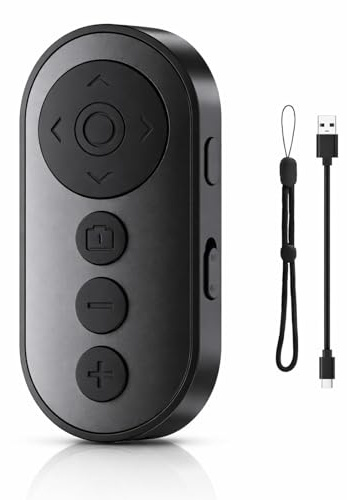 Mando Selfie Bluetooth Disparador Remoto para iPhone Android, Control Remoto Fotos Videos con Zoom, Mando Selfie Compatibilidad Universal para Smartphone Tableta, Recargable USB con Sujeción Muñeca