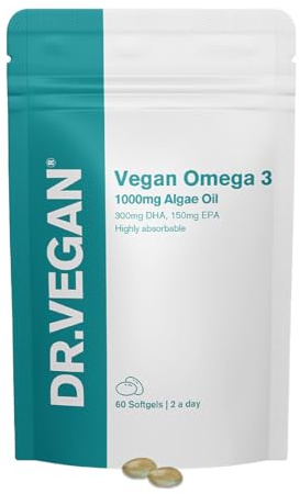 High Strength Omega 3 | 1000mg Algae Oil | 300mg DHA & 150mg EPA | Vitamin E | Pure & 3rd Party Tested | 60 Vegan Softgels, 2-A-Day
