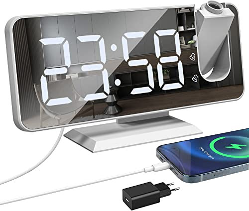 Exmate Sveglia con Proiettore, Schermo a LED a Specchio da 7.5, 4 Luminosità, Doppio Allarme con Porta USB, Sveglia Digitale con Proiettore ultra trasparente (Bianco con Adattatore)