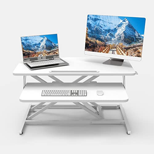 ERGOMAKER Steh-Sitz Schreibtischaufsatz Höhenverstellbar, Stehpult Aufsatz Schreibtisch 80 X 40CM Desktop Erhöhung mit Zwei Monitoren Tastaturablage Weiß