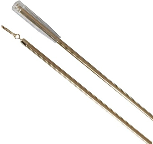 Schleuderstab/Gardinenstab 125 cm aus ME-Rohr 9 mm stabil für schwere Vorhänge, Gardinen oder Paneelwaagen mit Griff + Verschlusshaken in 2 Farben (messing glanz)