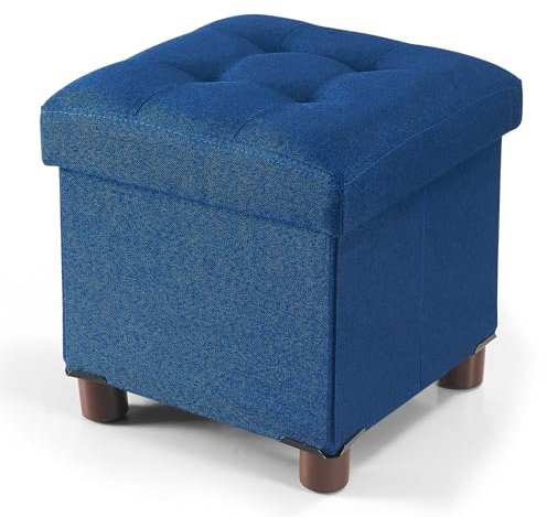 BRIAN & DANY Sitzhocker mit Stauraum 32x32x32.5cm, Faltbar Sitzbank Sitztruhe Sitzwürfel Hocker mit Stauraum und Deckel mit Holzfüßen, Blau