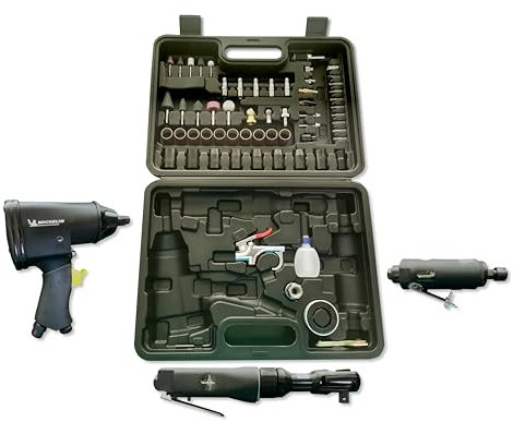 MICHELIN Kit de herramientas neumáticas de aire comprimido 66 pzas, incluyendo Atornillador de percusión, Llave de trinquete universal y Amoladora recta