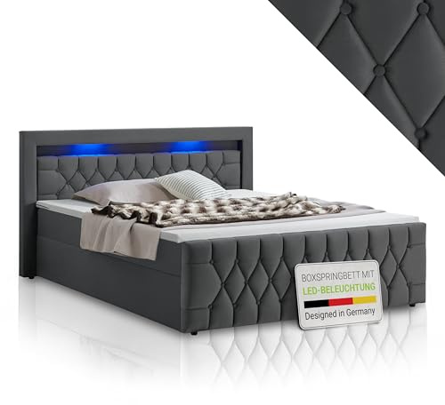 Juskys Boxspringbett Leona 140x200 cm - Bett mit LED Beleuchtung, Topper & H4 Federkern Matratzen - Einzelbett Grau mit Samt und Steppung
