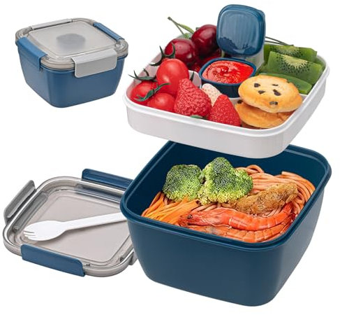 LUXECOVE Lunchbox mit Fächern, 1500 ml Lunchbox, doppellagige auslaufsichere Trennwände, Erwachsene und Kinder, mikrowellen- und spülmaschinenfest (blau)