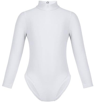 Miutii - Conjunto de ballet para niña de manga larga, body, mono, cuello alto, traje de gimnasia, leotardo, traje de baile, traje de yoga, gimnasio, fitness, body deportivo, Blanco, 110-116