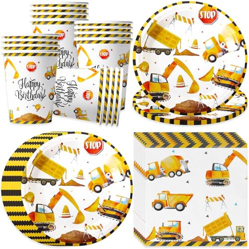 Bikasun Stoviglie da Escavatore per 16 ospiti, Stoviglie per feste di compleanno, piatti di carta per escavatore, tovaglioli, per feste di compleanno dei bambini, decorazione per ragazzi e ragazze