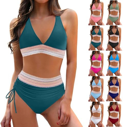 Womens High Waisted Bikini Set Plus Size Tummy Control Swimwear Bikini Top Bottoms with Adjustable Shoulder 2 Piece Beach Holiday Swimming Costume (Turquoise, XL)