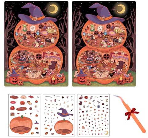 ANBOOR 2 uppsättningar gör-det-själv 3D-klistermärken scen, stora återanvändbara Halloween-klistermärken – designa ditt eget hus-scenklistermärke för barn och vuxna för att lindra stress och
