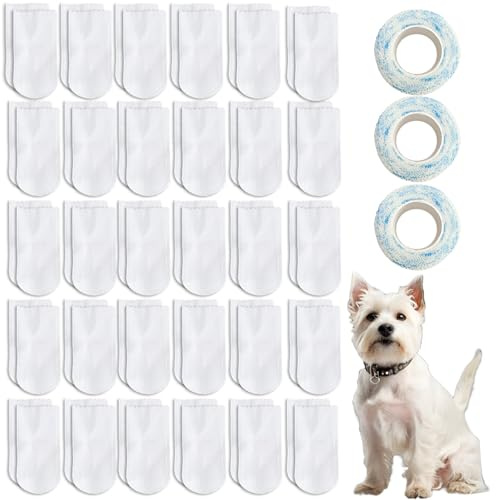 HTTDSLF 60 Piezas de Zapatos Desechables para Perros, Protector de La Patas, Desechables Impermeables para Perros con Venda Autoadhesiva, Botas Impermeables, para Caminar en Interiores y Exteriores