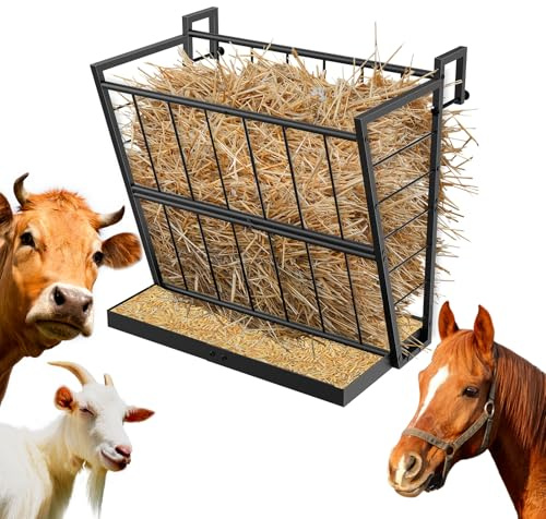 2-in-1 Wall Mount Hay Feeder, Black Grain Rack for Goats, Horses, Sheep