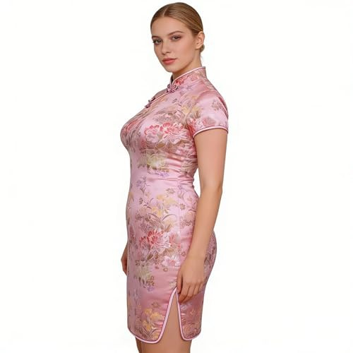 Women's Cheongsam Qipao Dress Slim Bodycon Exotic Dresses Chinese Wedding Costumes Vintage Lunar New Year Asian Mini Dress Pink Peony XL