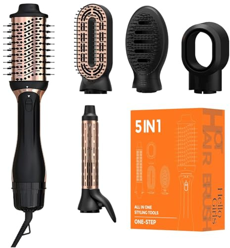 Secador 5 en 1, Cepillo de Aire Air Styler Set,Cepillo de Aire Caliente, Moldeador, Tecnología Ion, 3 Temperaturas Cepillo Moldeador De Pelo, Cepillo Secador Pelo With Riza, Alisa y Seca