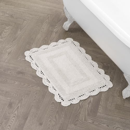 Laura Ashley Absorbent Bath Mat Reversible Crochet Soft and Plush Bathroom Mat 100% Cotton 17x24 Bath Rug, Ivory