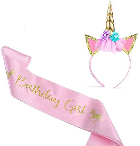 Deolven Unicorn Headband and Birthday Girl Sash for Kids Birthday Party Supplies Unicorn Gifts for Children Unicorn Horn Unicorn Glitter Hairband Gold Pink