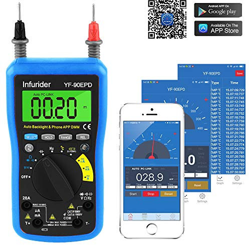INFURIDER Digital Multimeter,Auto-Range mit 4000 Counts Bluetooth-Verbindung über dassd Telefon für AC/DC-Spannung, AC/DC-Strom, Widerstand, Kapazität, Temperatur, Hz, Batterietest