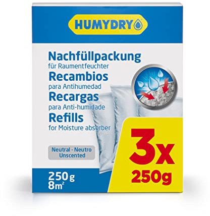 Nachfüllbeutel gegen Feuchtigkeit – Für Kompakt-Luftentfeuchter – 3x250g – Für Bad, Küche und Zuhause – Für Räume bis zu 8 m² – Duft: Neutral – Humydry