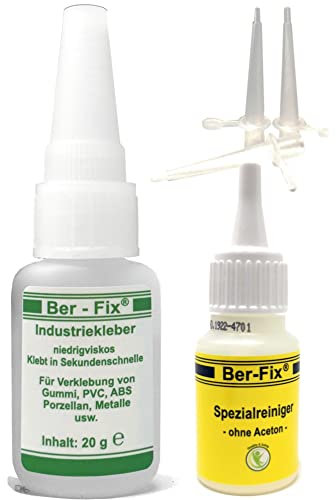 Ber-Fix Industriekleber 20 g + 3 Dosierspitzen + Spezialreiniger – Sekundenkleber dünnflüssig, kapillar – Profi-Komplettset für Haushalt, Werkstatt & Modellbau