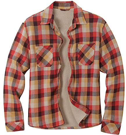 HULKAY Mens Long Sleeve Sherpa Fleece Flannel Shirts Button Down Berber Lined Shackets Warm Camp Shirts Plaid Jackets(Khaki,XXL)