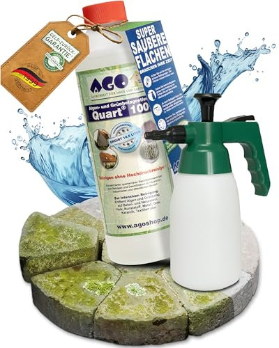 AGO Quart 100 Grünbelagentferner 500 ml - chlor- und säurefrei & Sprühflasche 1L / 100 qm Algen und Grünbelag Entferner/Steinreiniger/Terrassenreiniger/Grünspan Entferner