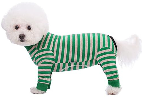 Dog Striped Recovery Suit, Puppy After Surgery Onesie for Female Male Dogs, Dogs Cats Long Sleeve Pajamas Bodysuit, Surgery Abdominal Wound Bandages Clothes, Dog Pant for Shedding Skin Disease Green