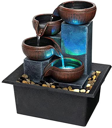 Small Indoor Relaxation Tabletop Fountain, Zen Meditation Waterfall Feature with Color LED Light & Natural Rocks, 4 Level Desk Waterfall for Home Office Bedroom Living Room Decoration (Style 1)
