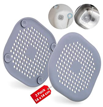 Universal Abflusssieb, 2 Stück, in Grau, aus TPR, Ø 14 x 14 cm, mit 4 Saugnäpfen für festen Halt, für Abflüsse bis Ø 10 cm, Ablaufsieb Spüle, Waschbecken, Badewanne, Dusche, Haarfilter Sieb Ablauf