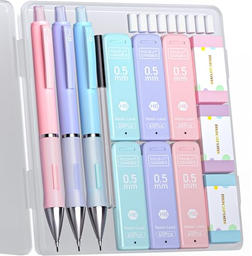 Four Candies Pastel Mechanical Pencil Set - 3PCS 0.5mm Mechanical Pencils with 360PCS HB Lead Refills, 3PCS Erasers and 9PCS Eraser Refills, Cute Mechanical Pencils for School Writing & Drawing