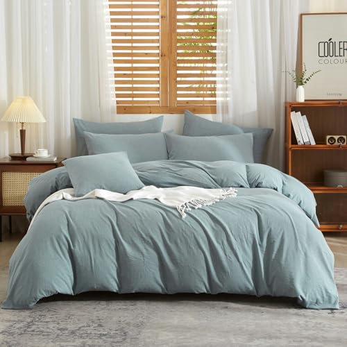 Boqingzhu Halbleinen Bettwäsche Blau 135x200cm Baumwolle Leinen Atmungsaktiv Weich Fein Bettwäsche Set Bettbezug 135 x 200 cm und Kissenbezug 80 x 80 cm