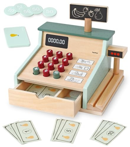 PairPear Kinder Kasse aus Holz spielkasse Kinder mit Scanner, Kartenlesegerät, Kreditkarten und Spielgeld Kasse Kaufladen Zubehör Holz Geschenk für Jungen und Mädchen ab 3 Jahren Registrierkasse