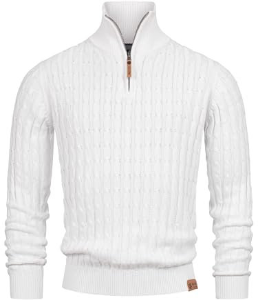 Indicode Herren INHector Strickpullover mit Stehkragen und Reißverschluss | Herren-Pulli Pullover Optical White L