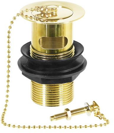 SPARES2GO Sink Basin Waste Luxury Slotted Brass Overflow Plug with Chain and Stay (40mm 1 1/4, Gold Finish)