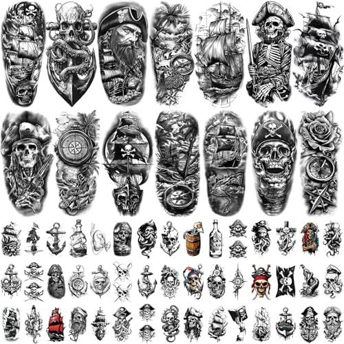 77 Sheets Temporary Tattoos for Adults and Kids - Realistic Fake Tattoo Pirate Skeleton Ship Captain Anchor Compass Black Tattoo Design for Men Women Boys and Girls