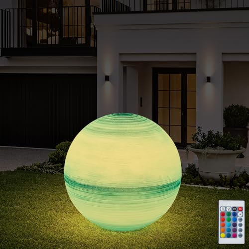 Eurotondisplay LED Gartenleuchte Außenlampe Kugellampe mit Stromkabel 3 M Leuchtkugel 60cm Farbwechsel Fernbedienung RGB Dimmbar Fassung E27 inkl Leuchtmittel IP55 (Merkur-50)