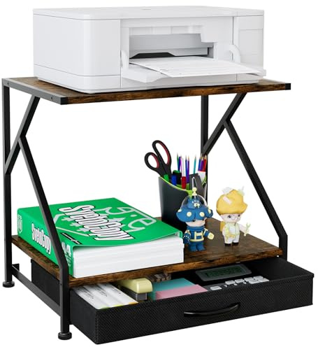 EasyPAG 2 Tier Metal Wood Desktop Printer Stand,Office Storage Shelves wtih Drawer for Printer & Fax,Desk Organiser for Home,Brown