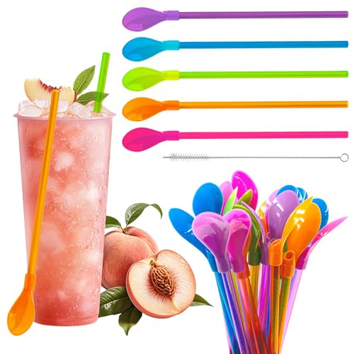 30 cannucce cucchiaio 2 in 1, cannucce riutilizzabili in plastica, cucchiaio per latte macchiato, cannucce per latte e frullati
