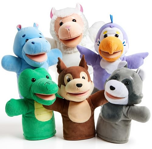 JOYIN 6Pcs Kids Hand Puppet Set with Working Mouth, Toddler Plush Toy Includes Bird, Crocodile, Hippo, Sheep, Raccoon and Squirrel for Show Theater, Easter Birthday Gifts for Kid