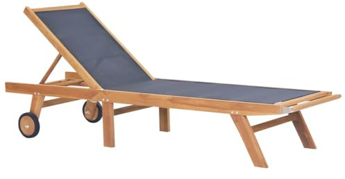 BUKSCYJS Folding Sun Lounger with Wheels Solid Teak and Textilene Adjustable Backrest 5 Positions Reclining Garden Patio Pool Deck Outdoor Furniture