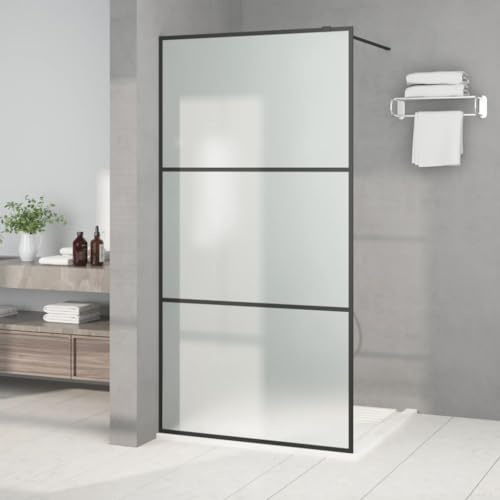 Parete doccia per doccia a pavimento, nero, con vetro ESG da 5 mm, opaco, 100 x 195 cm, regolabile, telaio in alluminio, paraspruzzi, divisorio per vasca da bagno