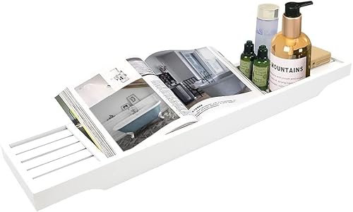 MantraRaj Bamboo Bath Caddy Tray Bridge White Wooden Bathtub Tray Rack Tidy Bath Rack Bath Accessories Bathroom Shelf Organizer Bath Table Bathroom Board Storage Bath Tub for Reading, Tablet, Kindle