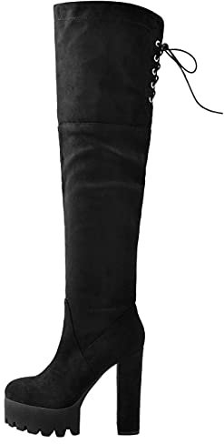 Only maker Damen Plateau Stiefel Overknee Blockabsatz High Heels mit Verstellbaren Schnüren Schwarz 46 EU