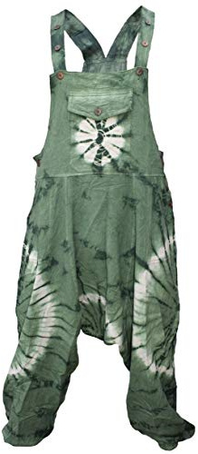 Gheri Womens Tie Dye Low Crotch Dungaree Harem Green Spiral Large